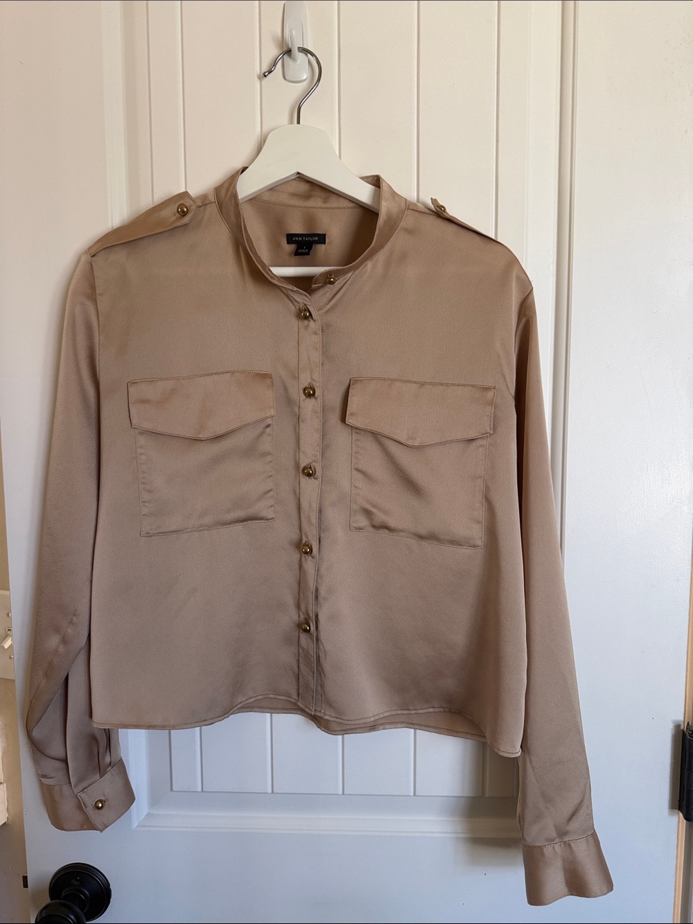 Ann Taylor Beige Button-Front Utility Blouse